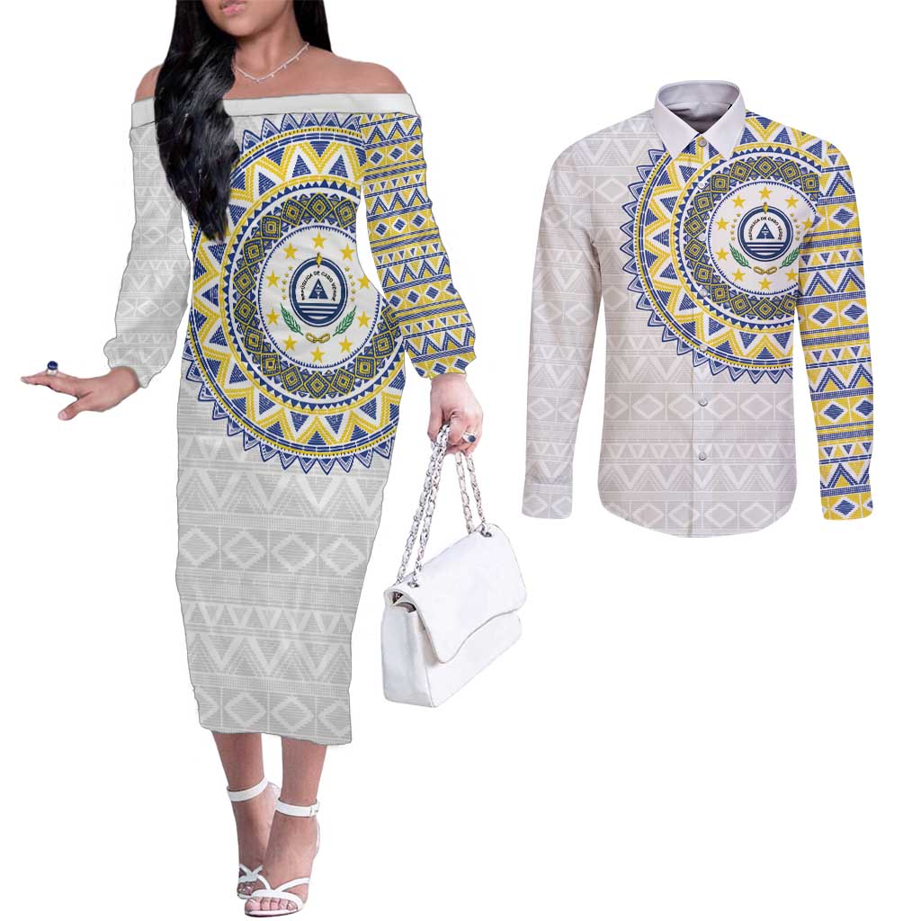 Cape Verde Couples Matching Off The Shoulder Long Sleeve Dress and Long Sleeve Button Shirt African Tribal Pattern