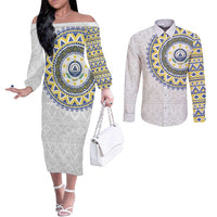 Cape Verde Couples Matching Off The Shoulder Long Sleeve Dress and Long Sleeve Button Shirt African Tribal Pattern
