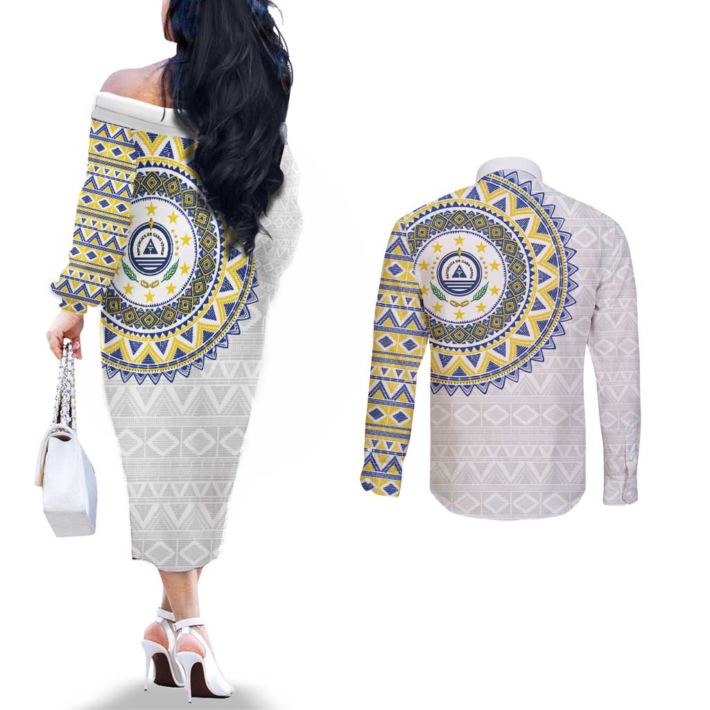 Cape Verde Couples Matching Off The Shoulder Long Sleeve Dress and Long Sleeve Button Shirt African Tribal Pattern