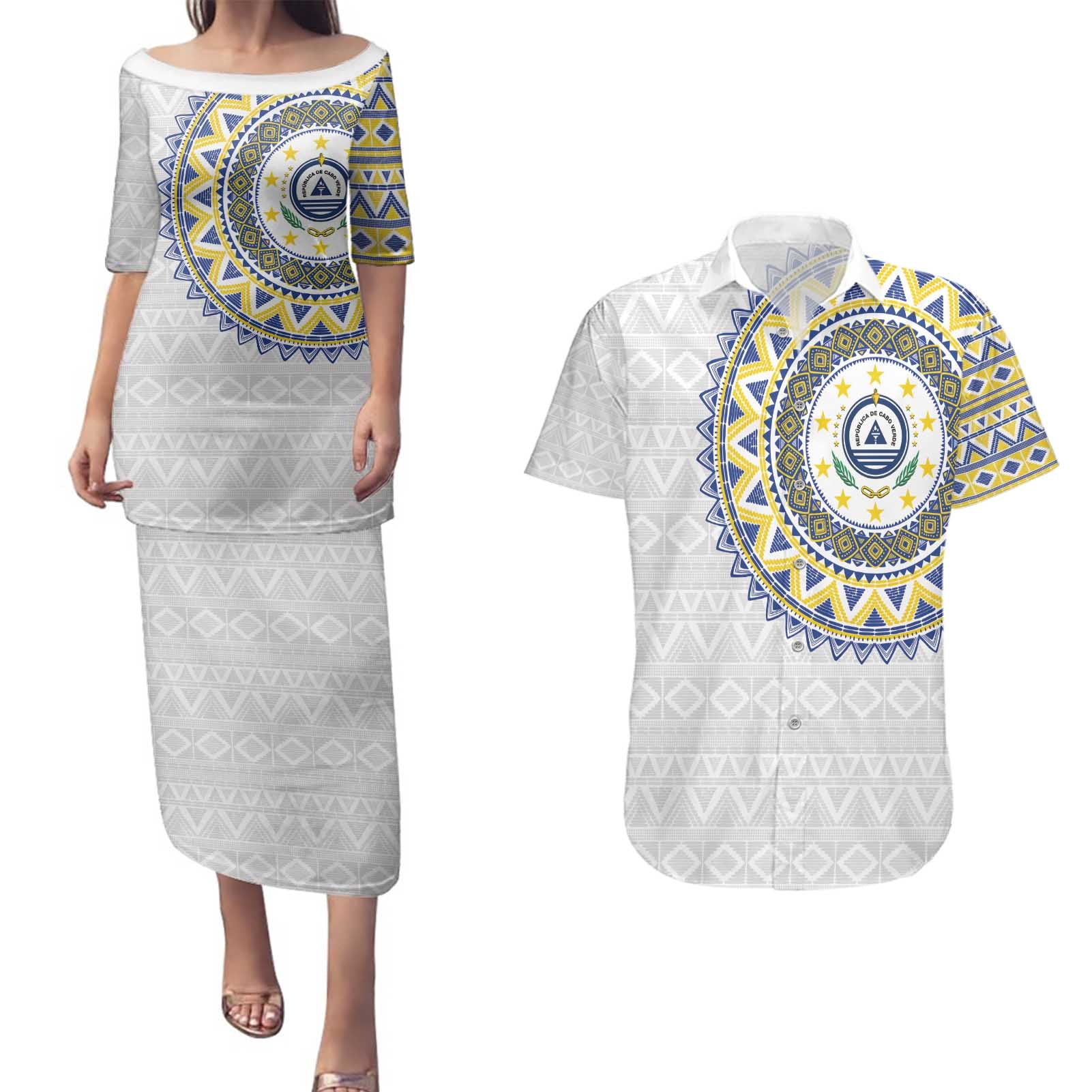 Cape Verde Couples Matching Puletasi and Hawaiian Shirt African Tribal Pattern