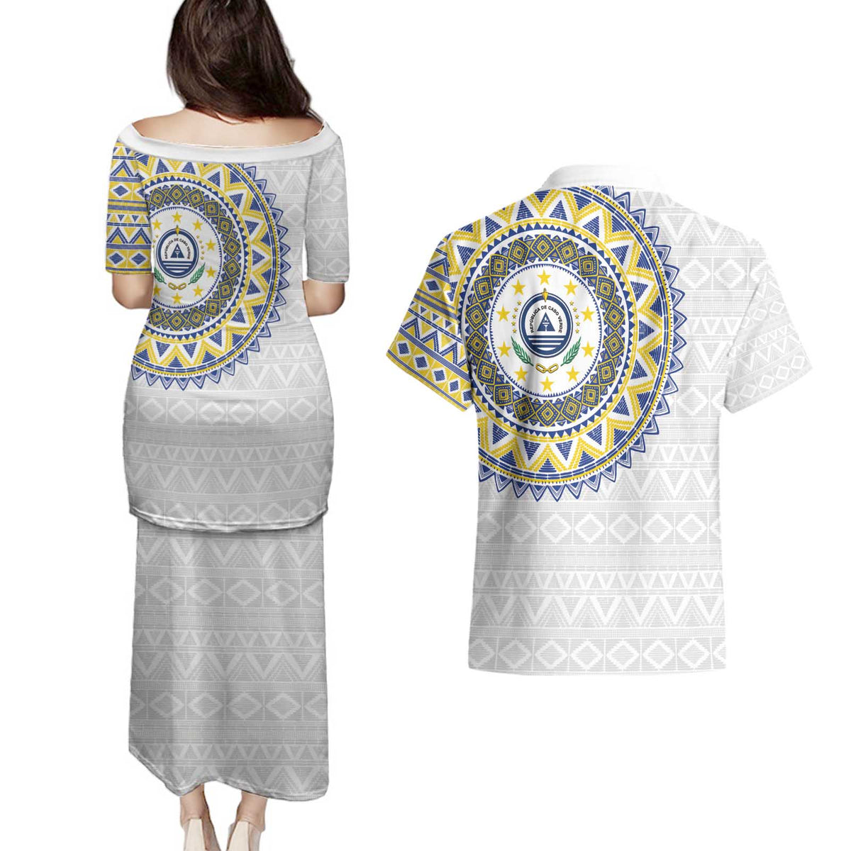 Cape Verde Couples Matching Puletasi and Hawaiian Shirt African Tribal Pattern