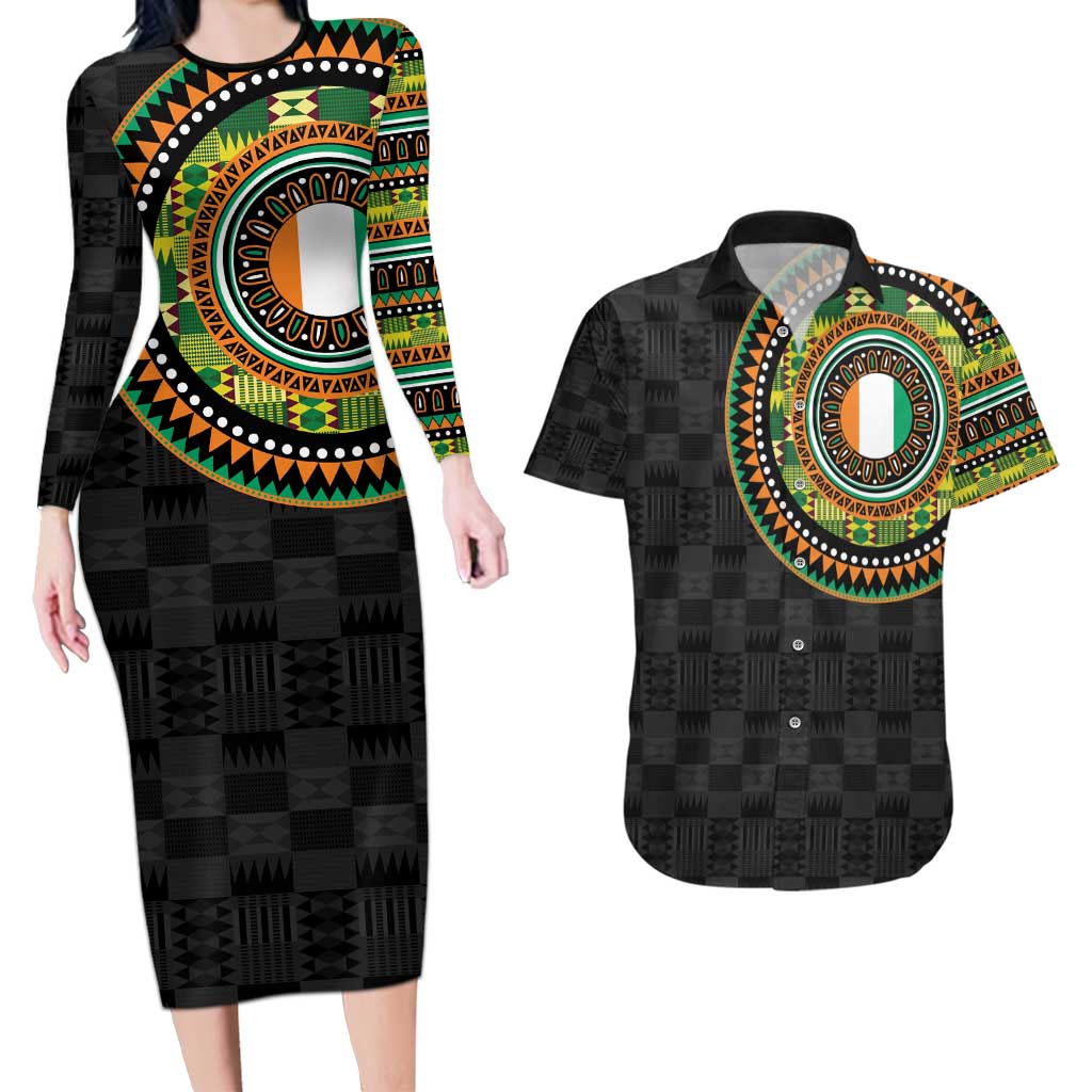Ivory Coast Couples Matching Long Sleeve Bodycon Dress and Hawaiian Shirt African Tribal Pattern