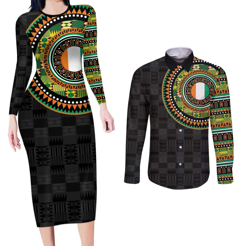 Ivory Coast Couples Matching Long Sleeve Bodycon Dress and Long Sleeve Button Shirt African Tribal Pattern