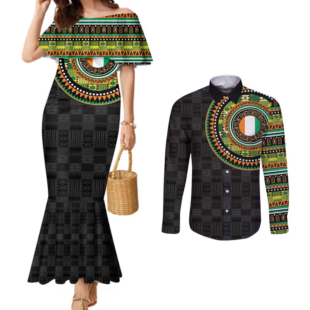 Ivory Coast Couples Matching Mermaid Dress and Long Sleeve Button Shirt African Tribal Pattern
