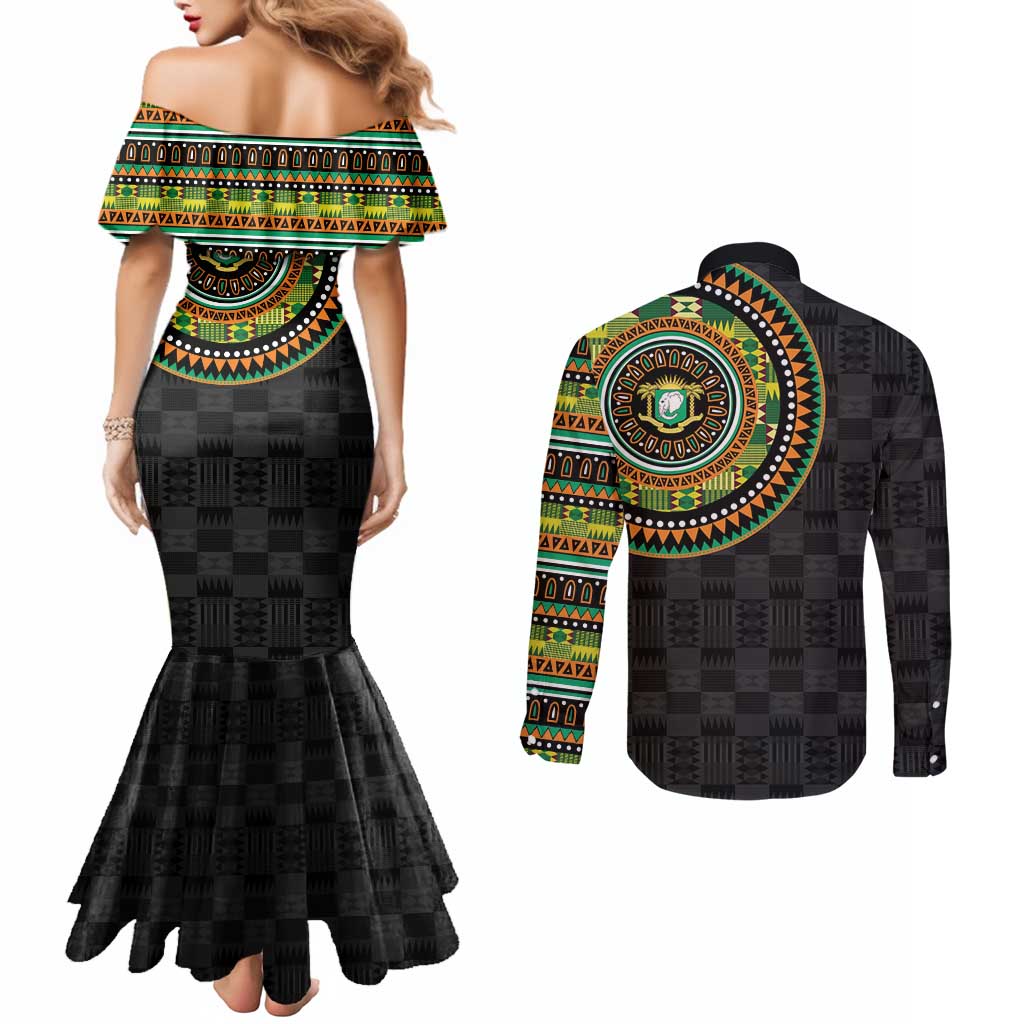 Ivory Coast Couples Matching Mermaid Dress and Long Sleeve Button Shirt African Tribal Pattern