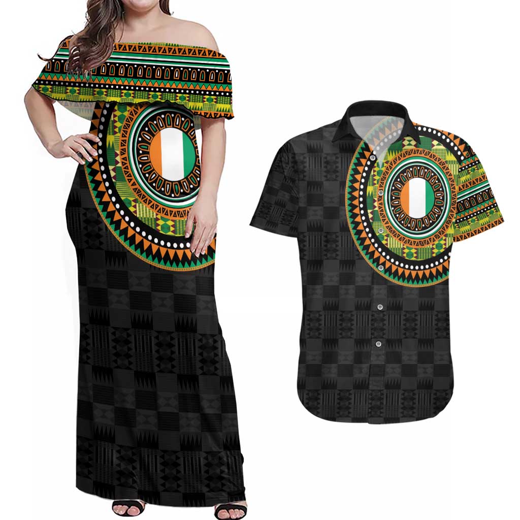 Ivory Coast Couples Matching Off Shoulder Maxi Dress and Hawaiian Shirt African Tribal Pattern