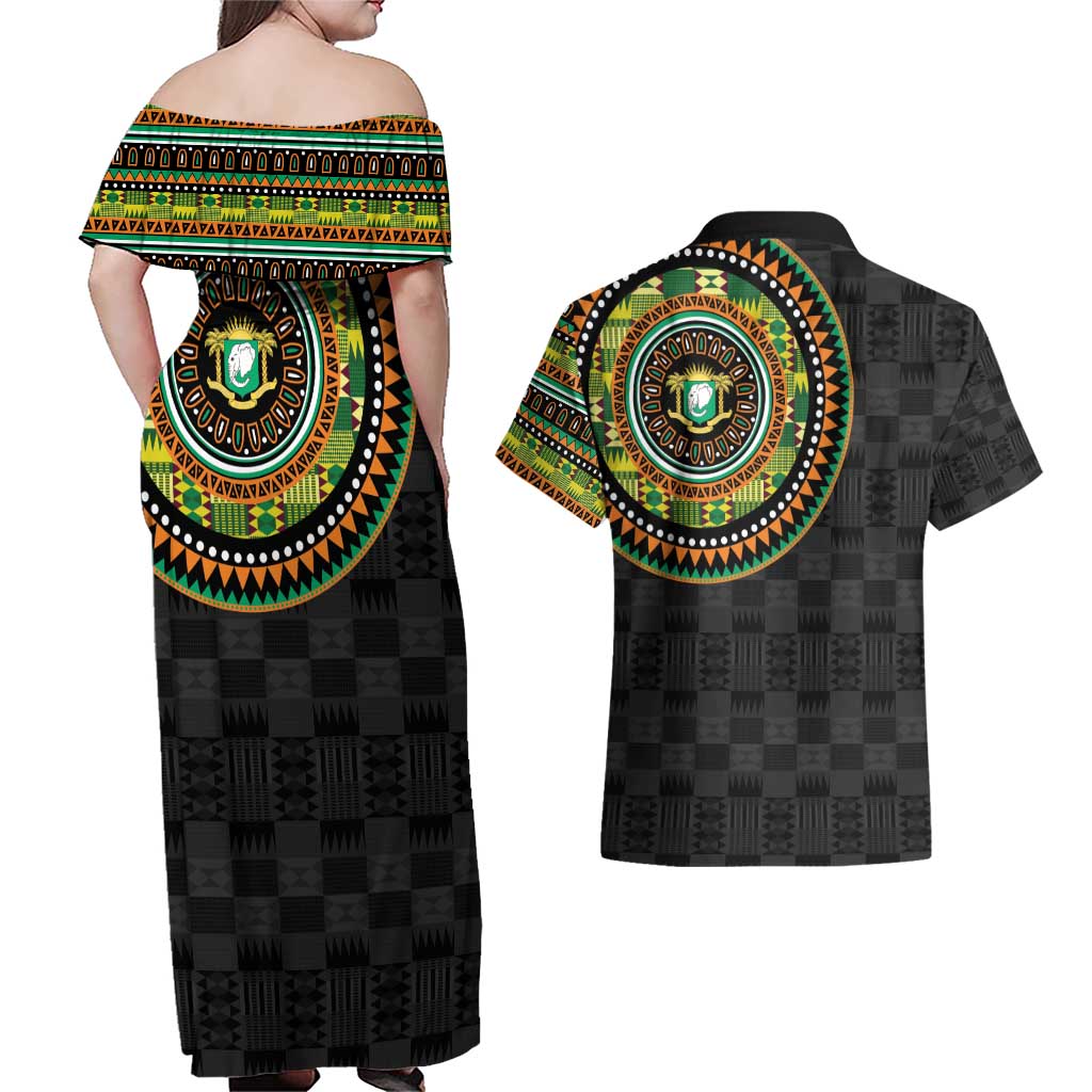 Ivory Coast Couples Matching Off Shoulder Maxi Dress and Hawaiian Shirt African Tribal Pattern