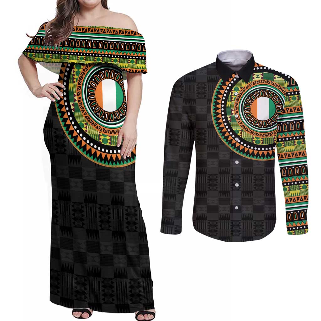 Ivory Coast Couples Matching Off Shoulder Maxi Dress and Long Sleeve Button Shirt African Tribal Pattern