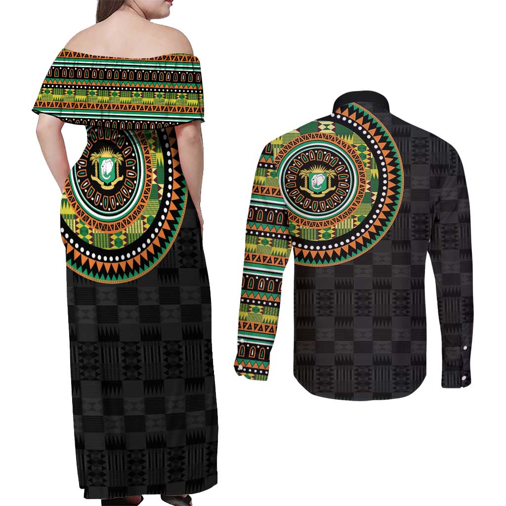 Ivory Coast Couples Matching Off Shoulder Maxi Dress and Long Sleeve Button Shirt African Tribal Pattern