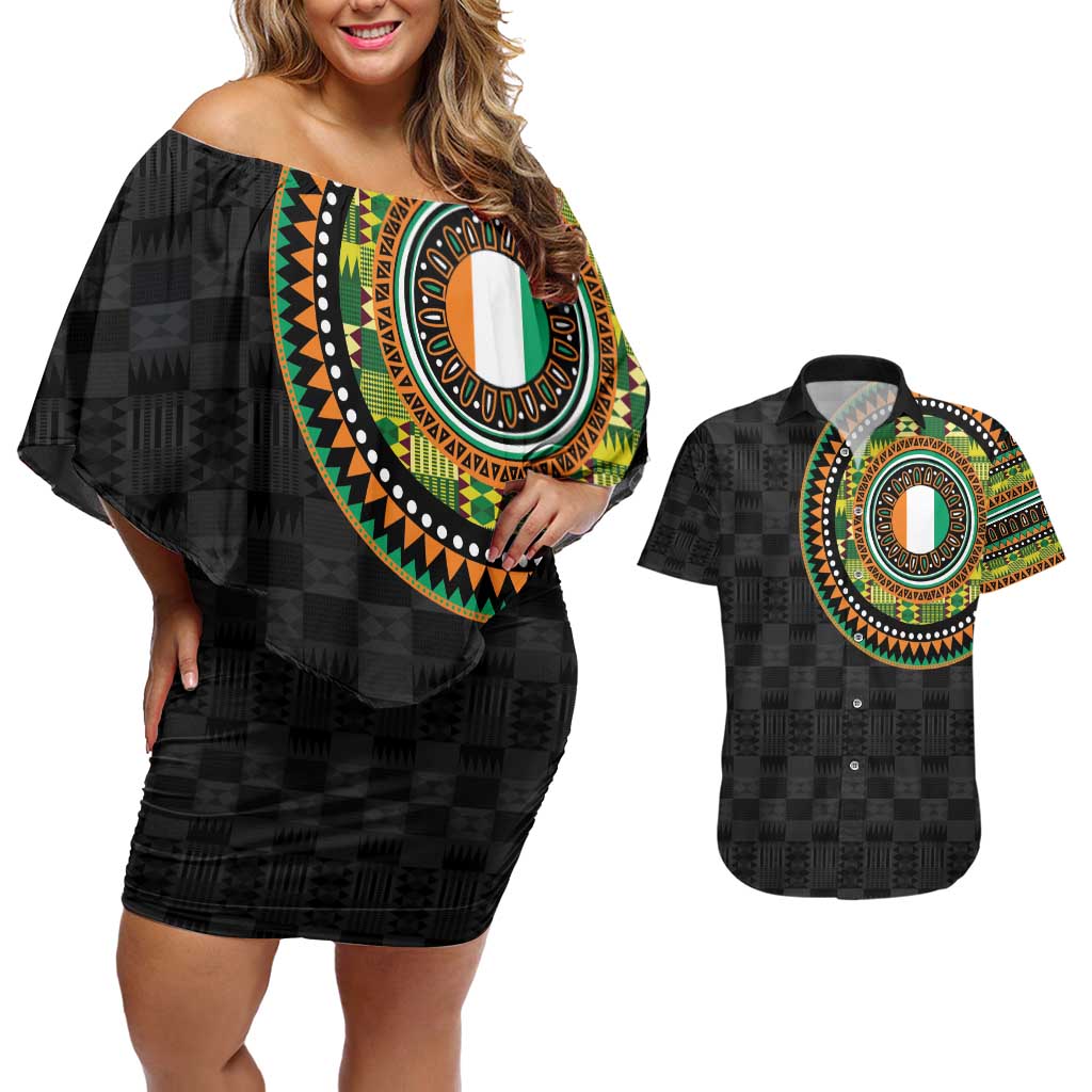 Ivory Coast Couples Matching Off Shoulder Short Dress and Hawaiian Shirt African Tribal Pattern