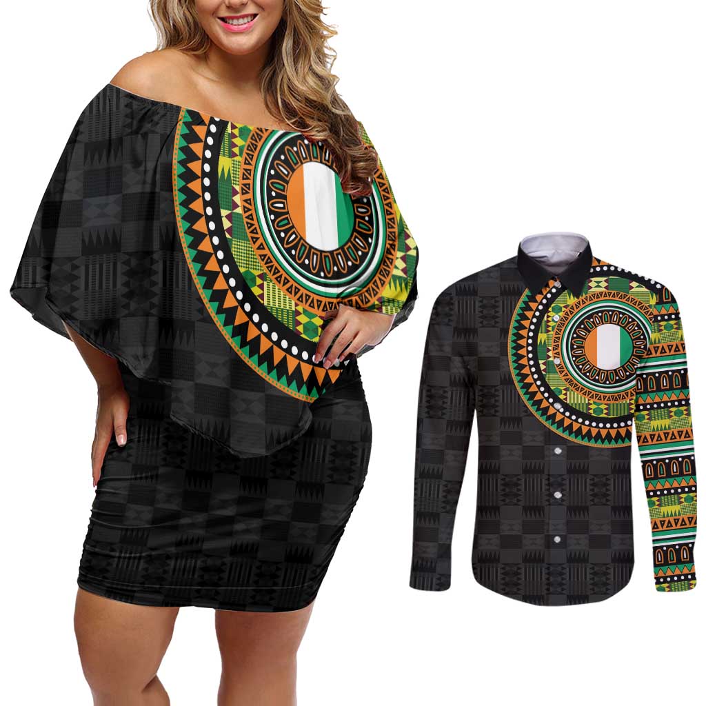 Ivory Coast Couples Matching Off Shoulder Short Dress and Long Sleeve Button Shirt African Tribal Pattern