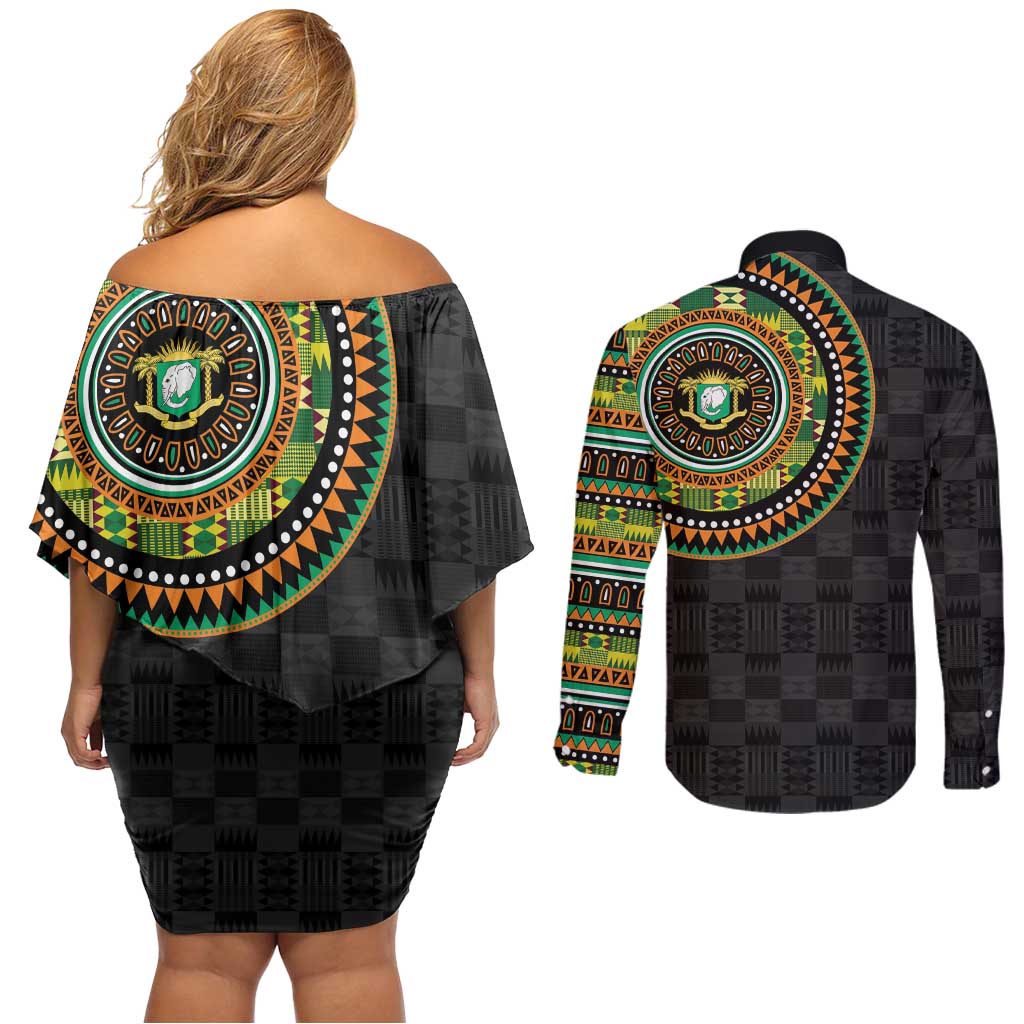 Ivory Coast Couples Matching Off Shoulder Short Dress and Long Sleeve Button Shirt African Tribal Pattern