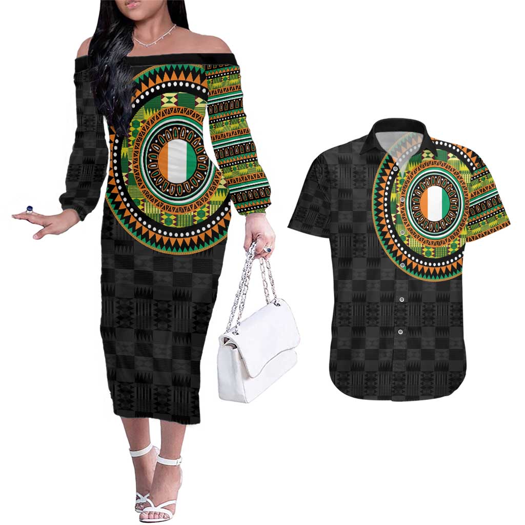 Ivory Coast Couples Matching Off The Shoulder Long Sleeve Dress and Hawaiian Shirt African Tribal Pattern