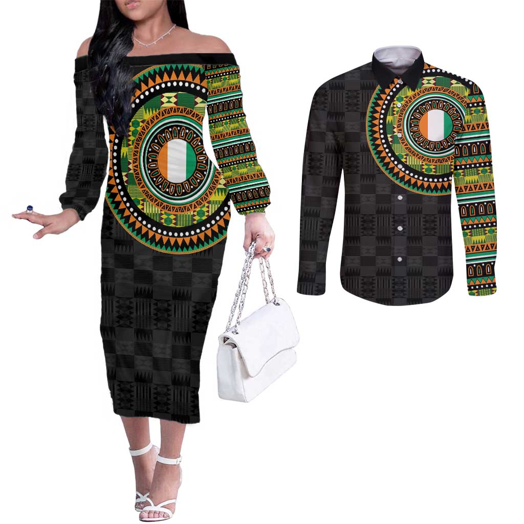 Ivory Coast Couples Matching Off The Shoulder Long Sleeve Dress and Long Sleeve Button Shirt African Tribal Pattern