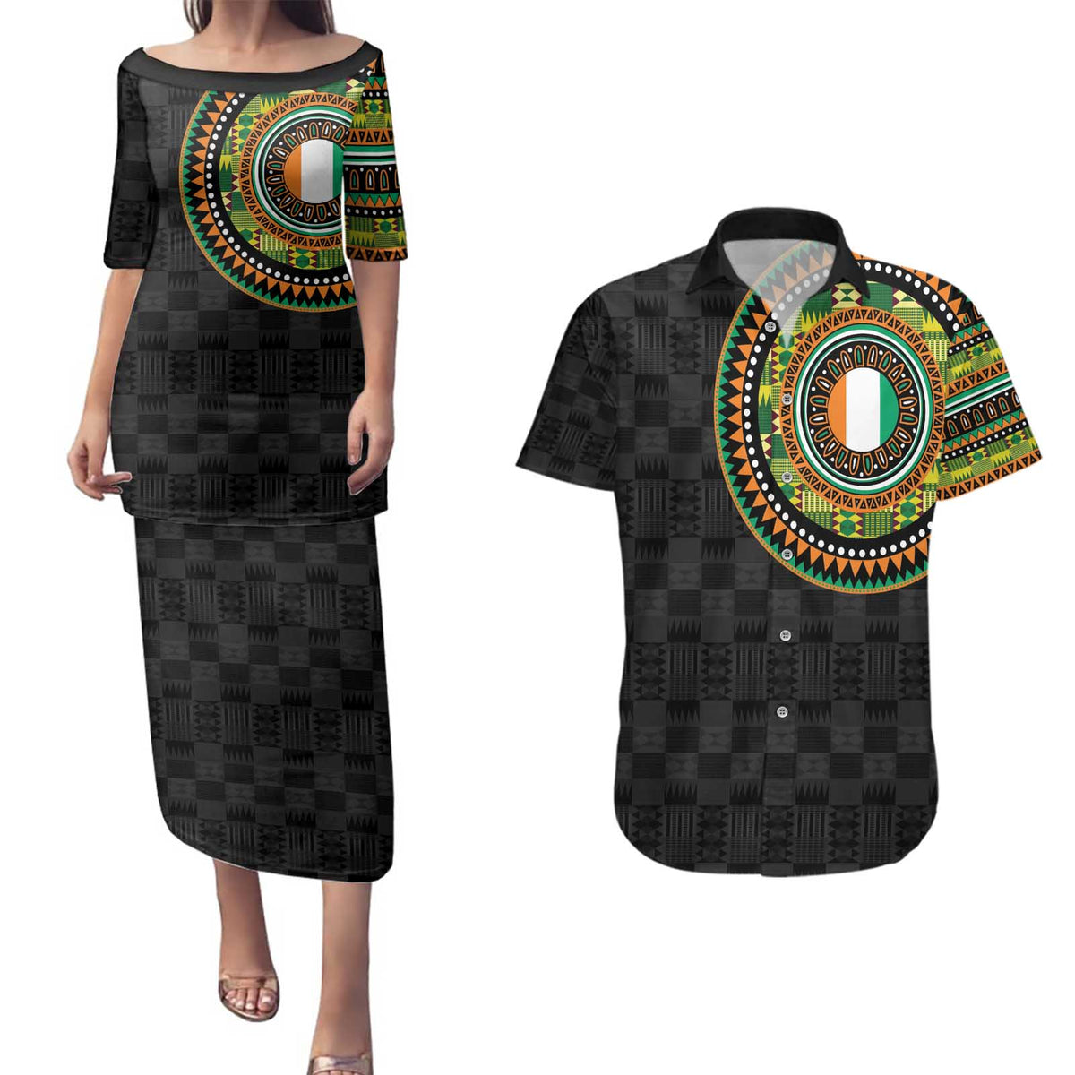 Ivory Coast Couples Matching Puletasi and Hawaiian Shirt African Tribal Pattern