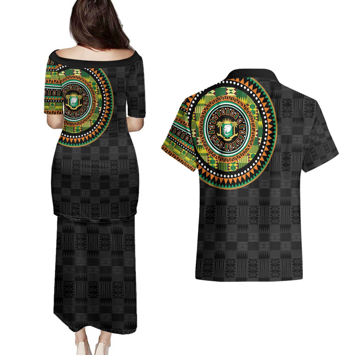 Ivory Coast Couples Matching Puletasi and Hawaiian Shirt African Tribal Pattern