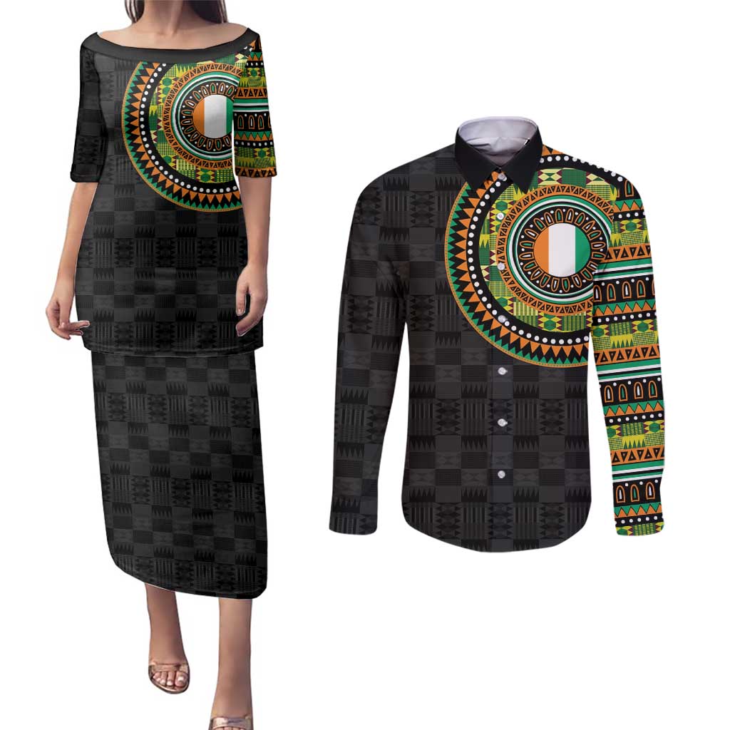 Ivory Coast Couples Matching Puletasi and Long Sleeve Button Shirt African Tribal Pattern