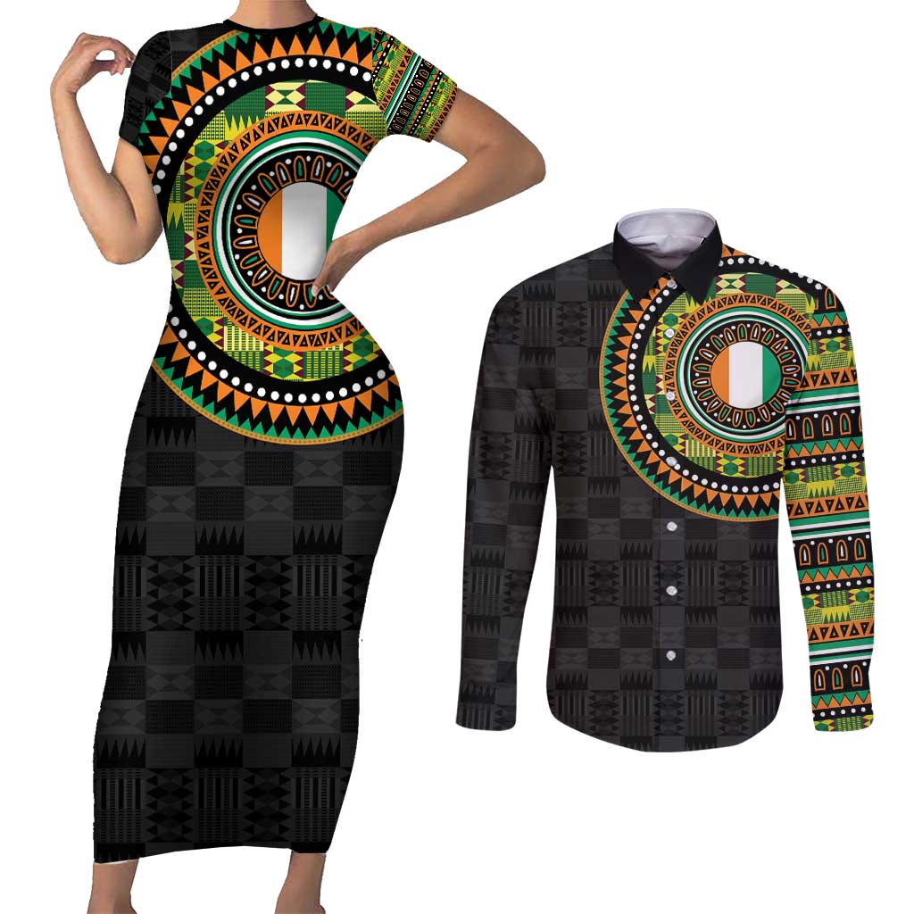 Ivory Coast Couples Matching Short Sleeve Bodycon Dress and Long Sleeve Button Shirt African Tribal Pattern