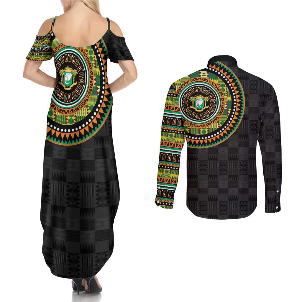 Ivory Coast Couples Matching Summer Maxi Dress and Long Sleeve Button Shirt African Tribal Pattern