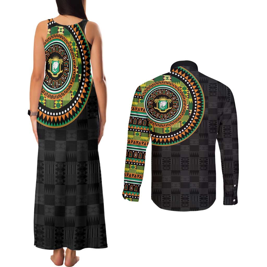 Ivory Coast Couples Matching Tank Maxi Dress and Long Sleeve Button Shirt African Tribal Pattern