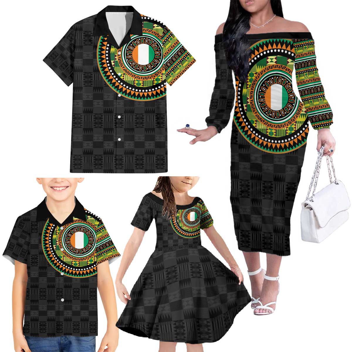 Ivory Coast Family Matching Off The Shoulder Long Sleeve Dress and Hawaiian Shirt African Tribal Pattern