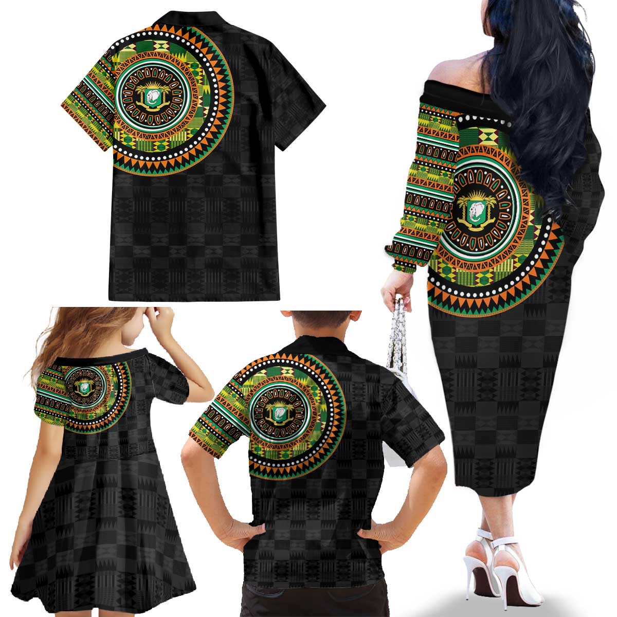 Ivory Coast Family Matching Off The Shoulder Long Sleeve Dress and Hawaiian Shirt African Tribal Pattern