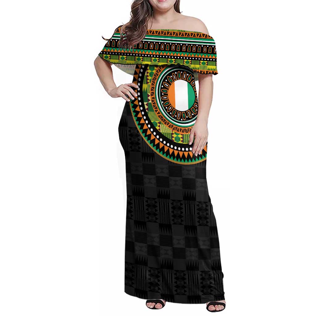 Ivory Coast Family Matching Off Shoulder Maxi Dress and Hawaiian Shirt African Tribal Pattern