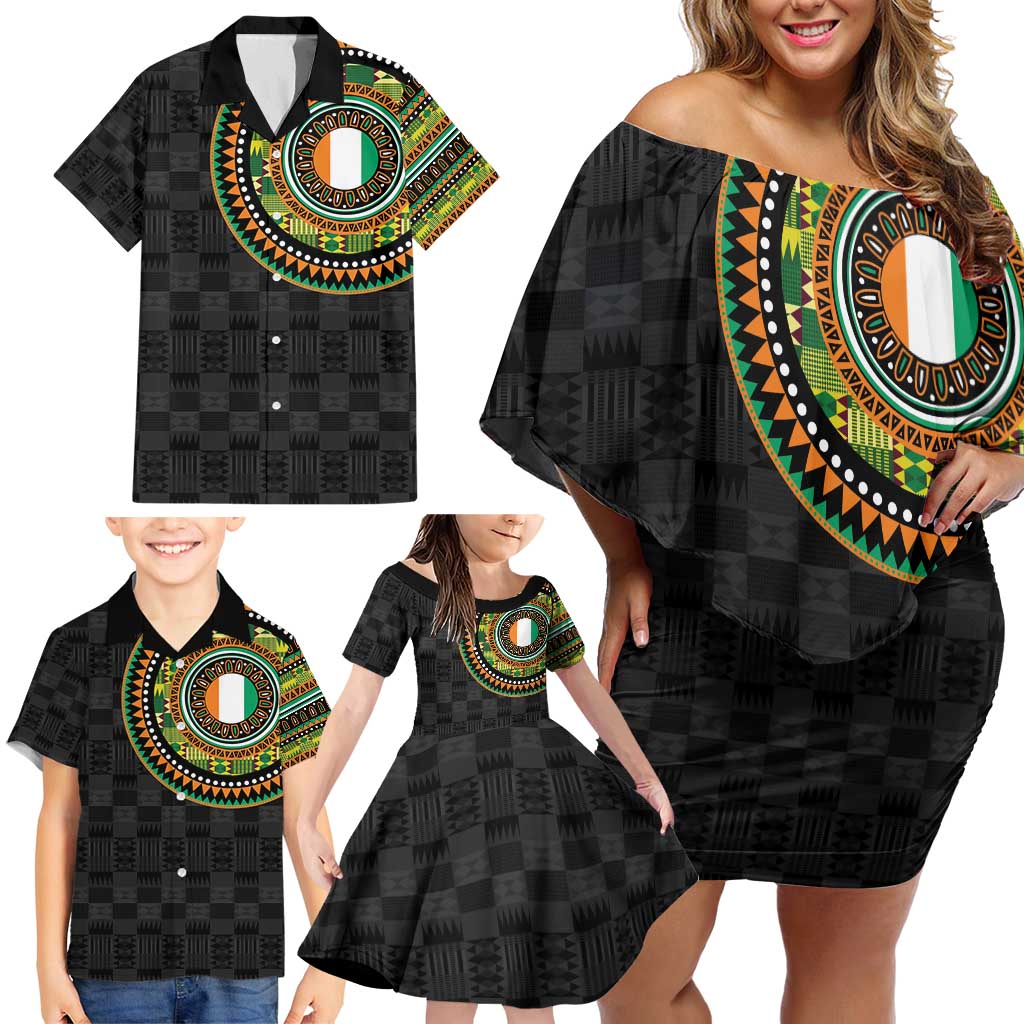 Ivory Coast Family Matching Off Shoulder Short Dress and Hawaiian Shirt African Tribal Pattern