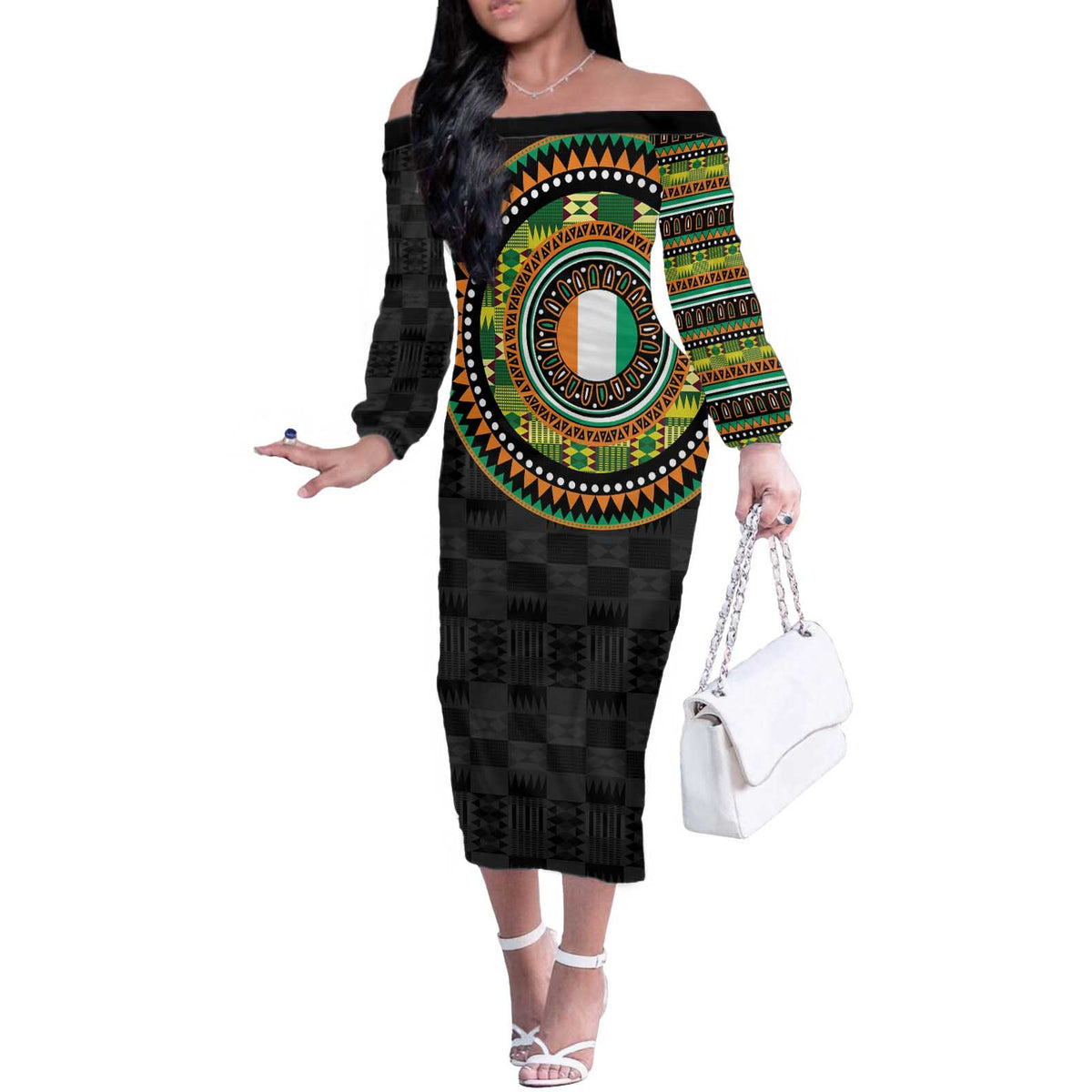 Ivory Coast Off The Shoulder Long Sleeve Dress African Tribal Pattern