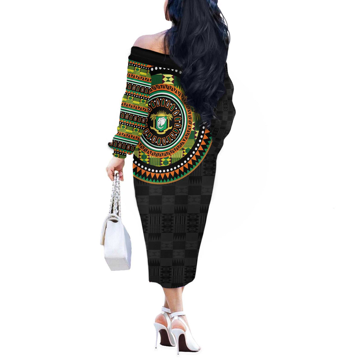 Ivory Coast Off The Shoulder Long Sleeve Dress African Tribal Pattern