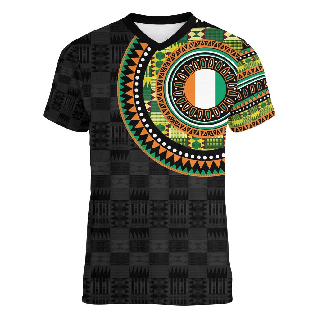 Ivory Coast Women V-Neck T-Shirt African Tribal Pattern