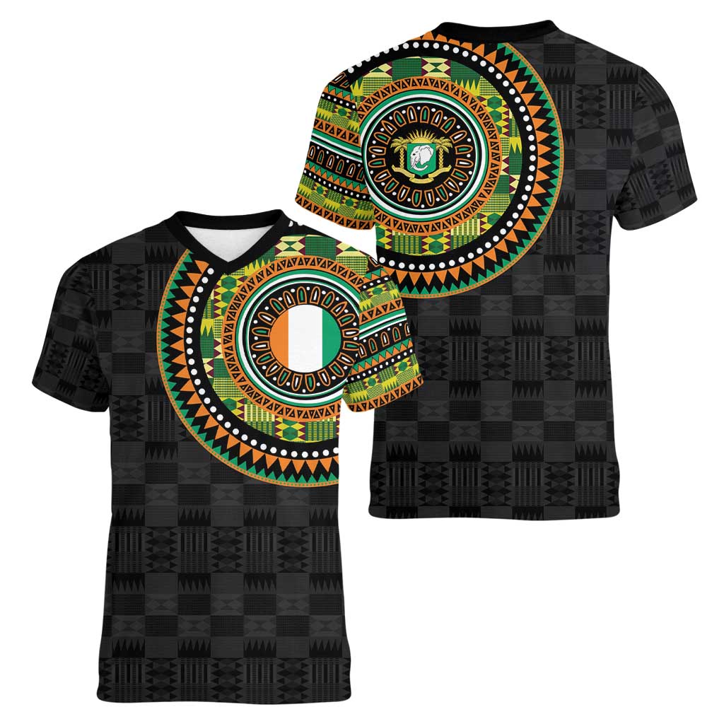 Ivory Coast Women V-Neck T-Shirt African Tribal Pattern