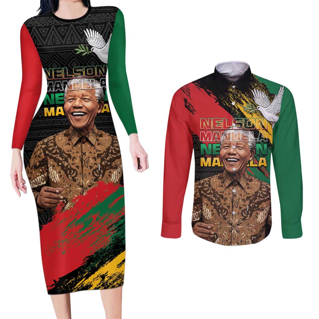Nelson Mandela International Day Couples Matching Long Sleeve Bodycon Dress and Long Sleeve Button Shirt African Pattern Grunge Style - Wonder Print Shop