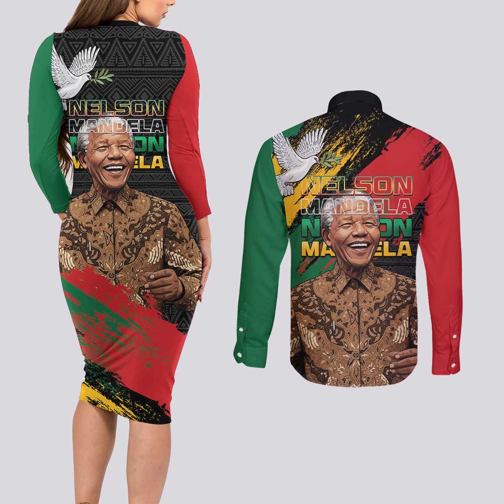 Nelson Mandela International Day Couples Matching Long Sleeve Bodycon Dress and Long Sleeve Button Shirt African Pattern Grunge Style - Wonder Print Shop