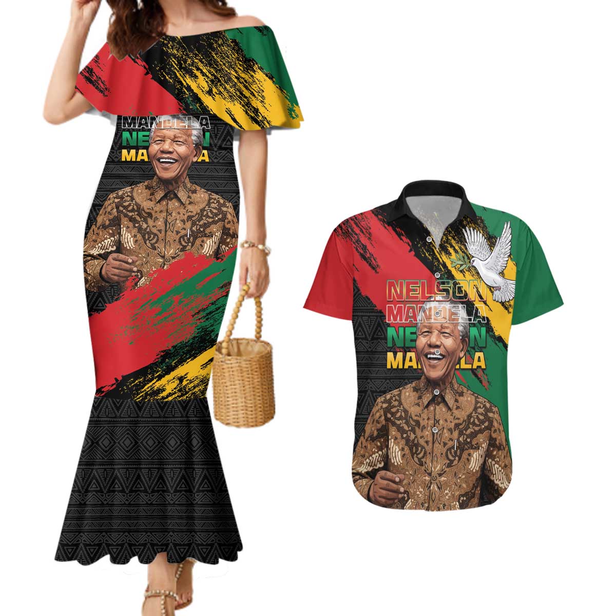 Nelson Mandela International Day Couples Matching Mermaid Dress and Hawaiian Shirt African Pattern Grunge Style - Wonder Print Shop