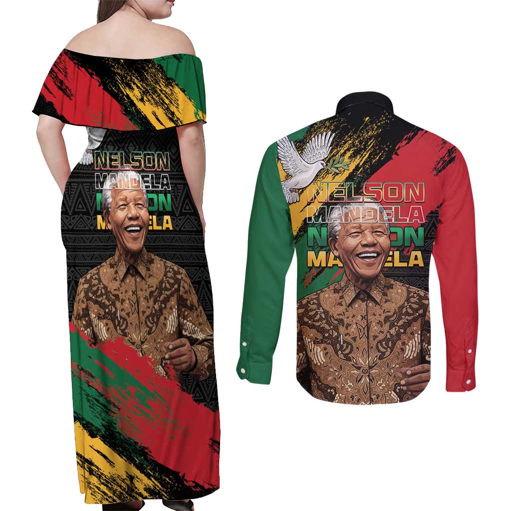 Nelson Mandela International Day Couples Matching Off Shoulder Maxi Dress and Long Sleeve Button Shirt African Pattern Grunge Style - Wonder Print Shop