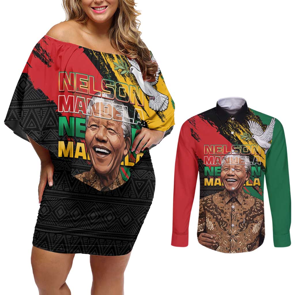 Nelson Mandela International Day Couples Matching Off Shoulder Short Dress and Long Sleeve Button Shirt African Pattern Grunge Style - Wonder Print Shop