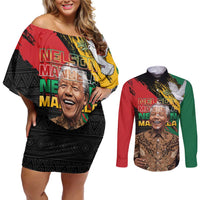 Nelson Mandela International Day Couples Matching Off Shoulder Short Dress and Long Sleeve Button Shirt African Pattern Grunge Style - Wonder Print Shop