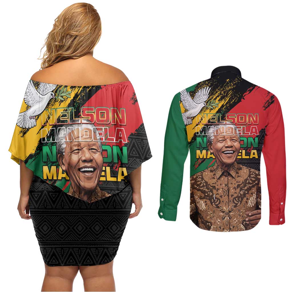 Nelson Mandela International Day Couples Matching Off Shoulder Short Dress and Long Sleeve Button Shirt African Pattern Grunge Style - Wonder Print Shop
