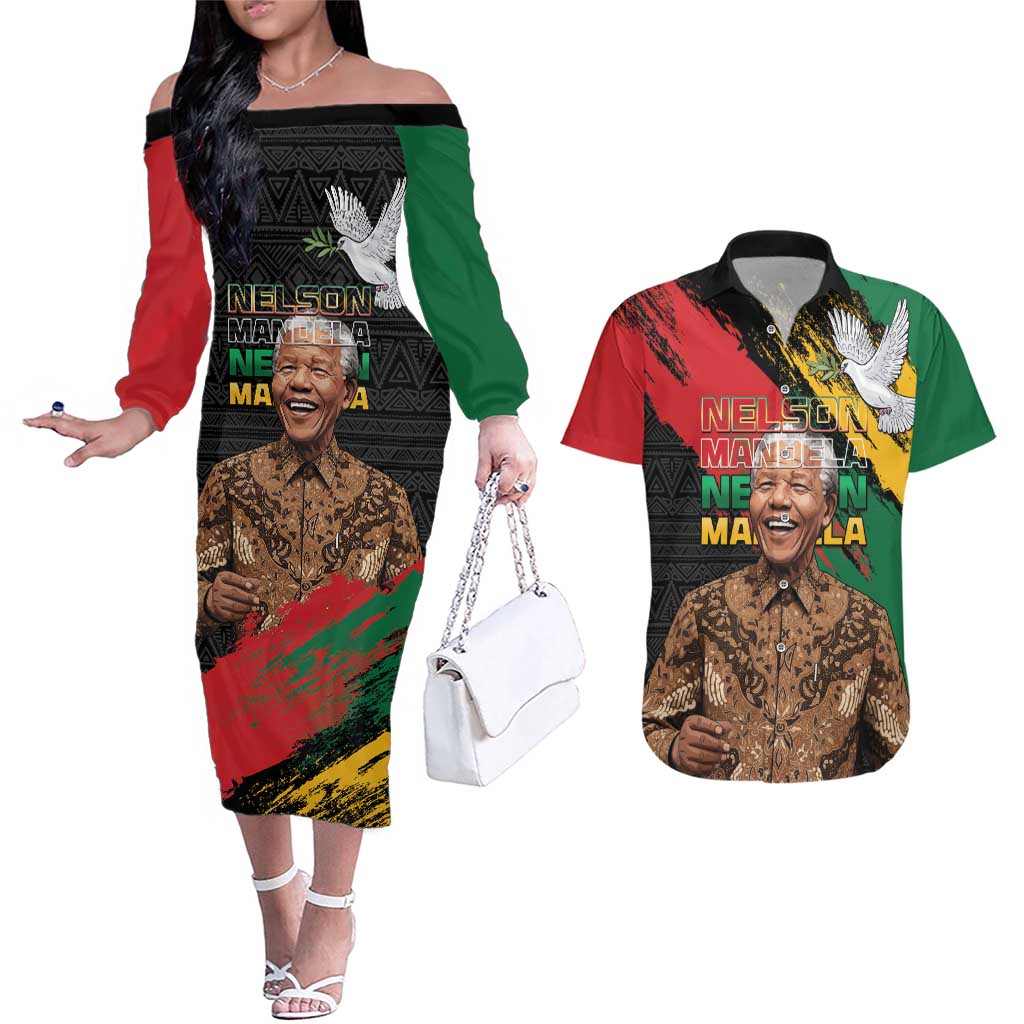 Nelson Mandela International Day Couples Matching Off The Shoulder Long Sleeve Dress and Hawaiian Shirt African Pattern Grunge Style - Wonder Print Shop