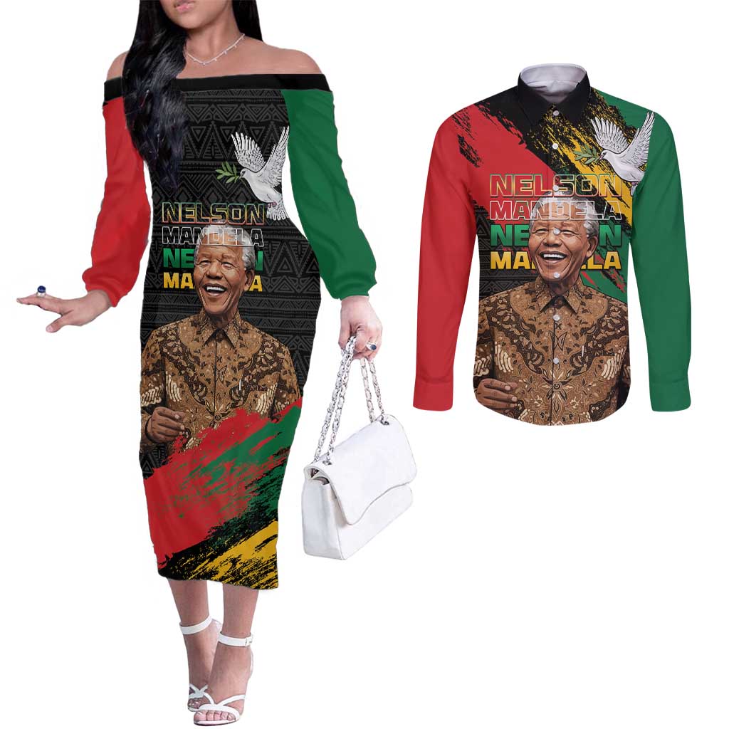 Nelson Mandela International Day Couples Matching Off The Shoulder Long Sleeve Dress and Long Sleeve Button Shirt African Pattern Grunge Style - Wonder Print Shop
