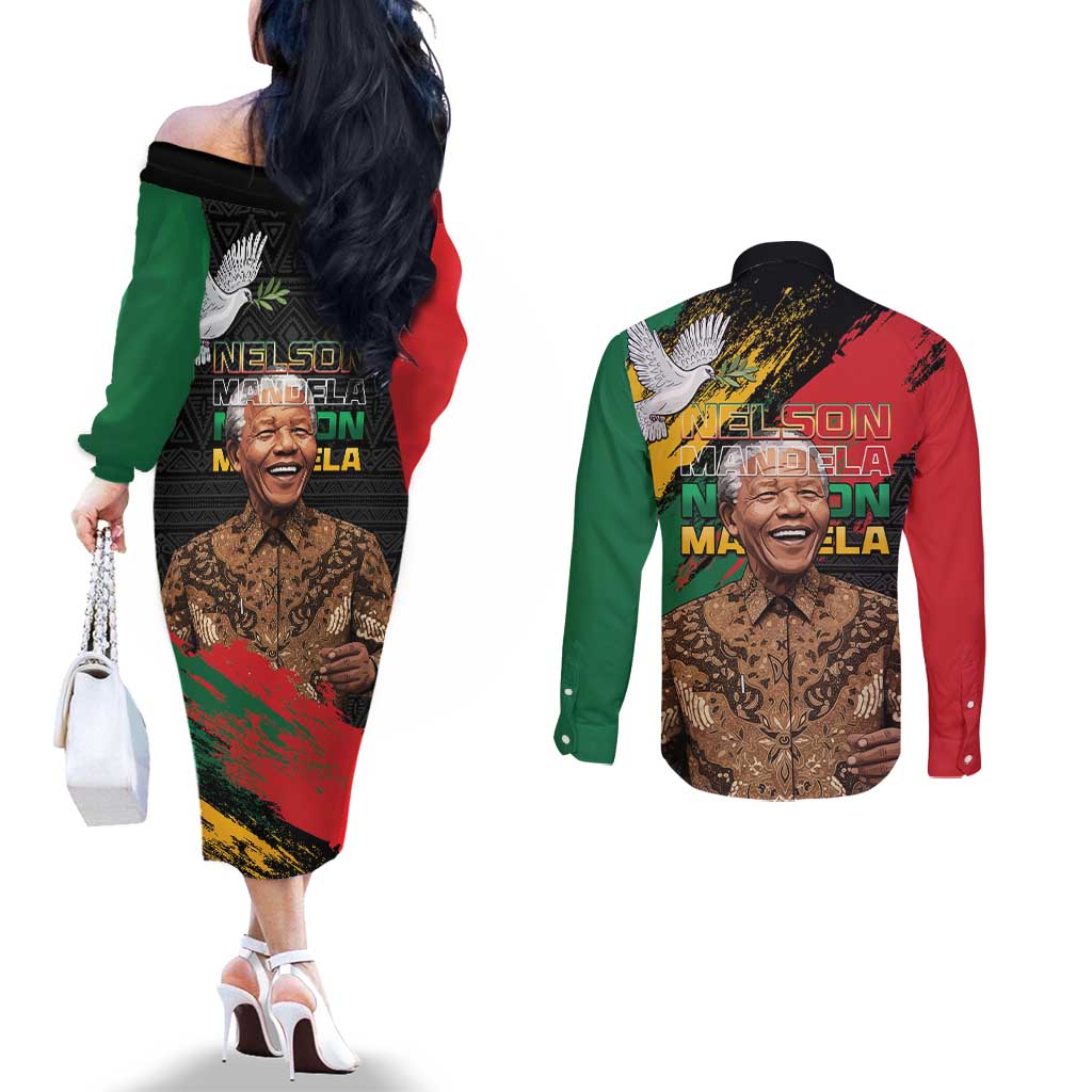 Nelson Mandela International Day Couples Matching Off The Shoulder Long Sleeve Dress and Long Sleeve Button Shirt African Pattern Grunge Style - Wonder Print Shop