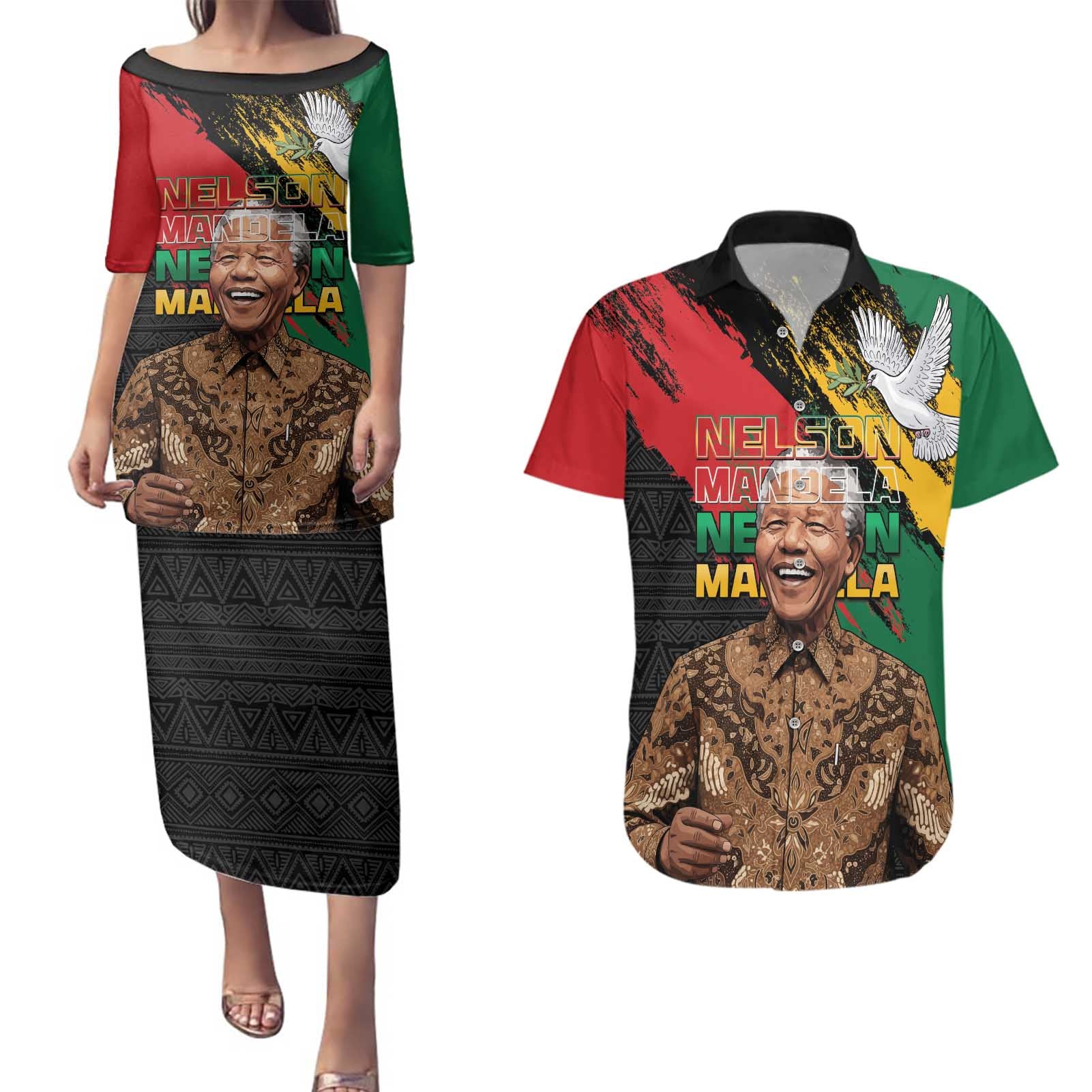 Nelson Mandela International Day Couples Matching Puletasi and Hawaiian Shirt African Pattern Grunge Style - Wonder Print Shop