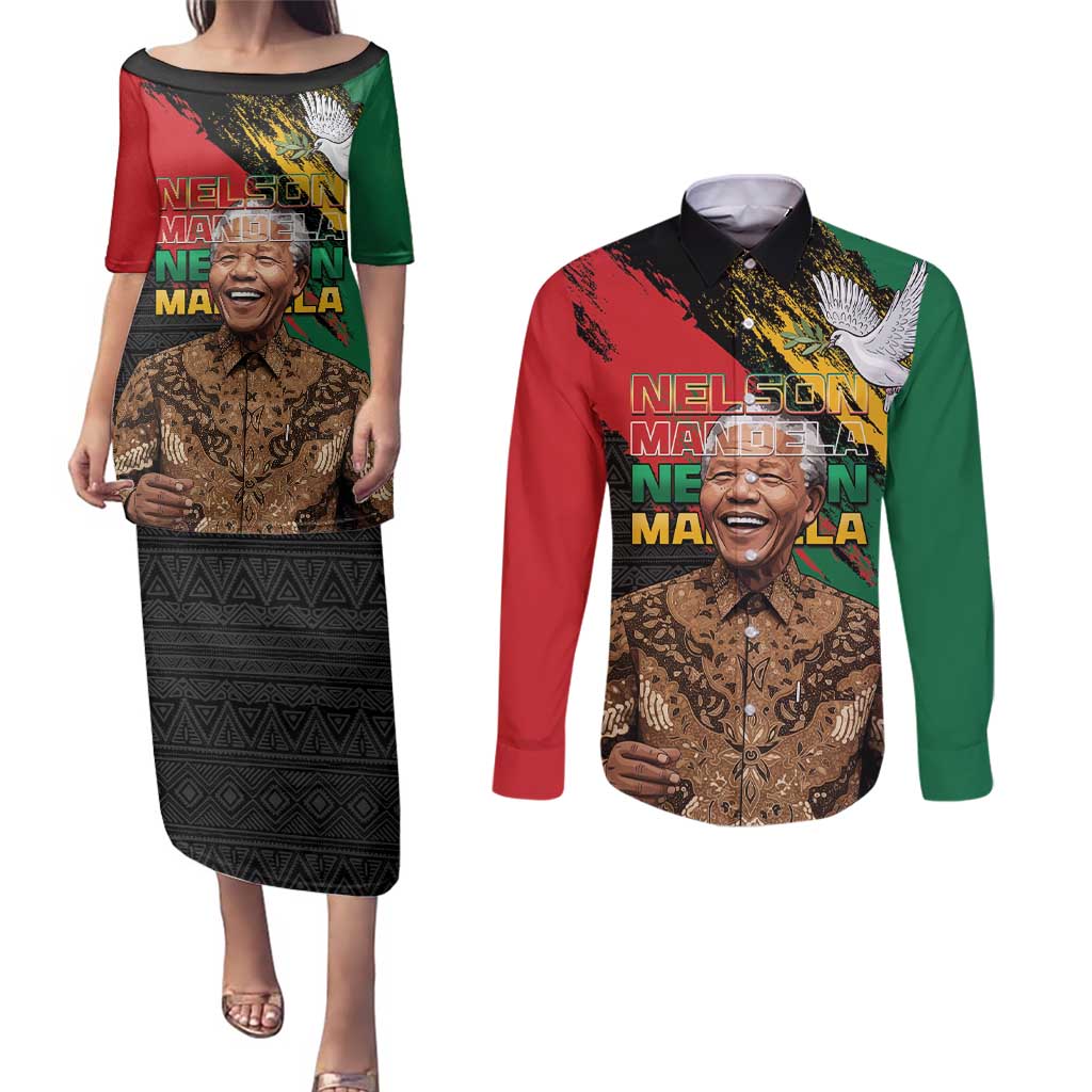 Nelson Mandela International Day Couples Matching Puletasi and Long Sleeve Button Shirt African Pattern Grunge Style - Wonder Print Shop