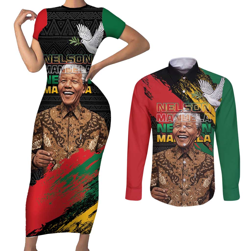 Nelson Mandela International Day Couples Matching Short Sleeve Bodycon Dress and Long Sleeve Button Shirt African Pattern Grunge Style - Wonder Print Shop
