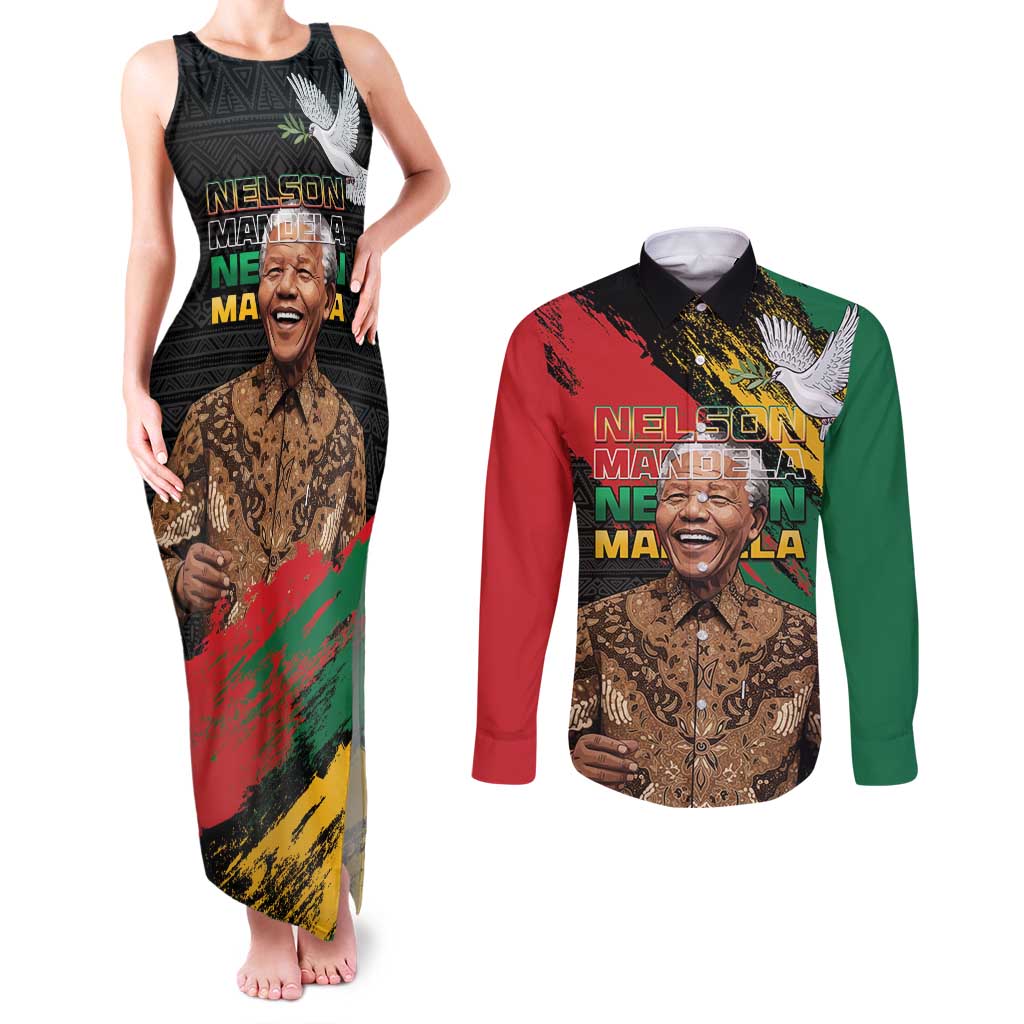 Nelson Mandela International Day Couples Matching Tank Maxi Dress and Long Sleeve Button Shirt African Pattern Grunge Style - Wonder Print Shop