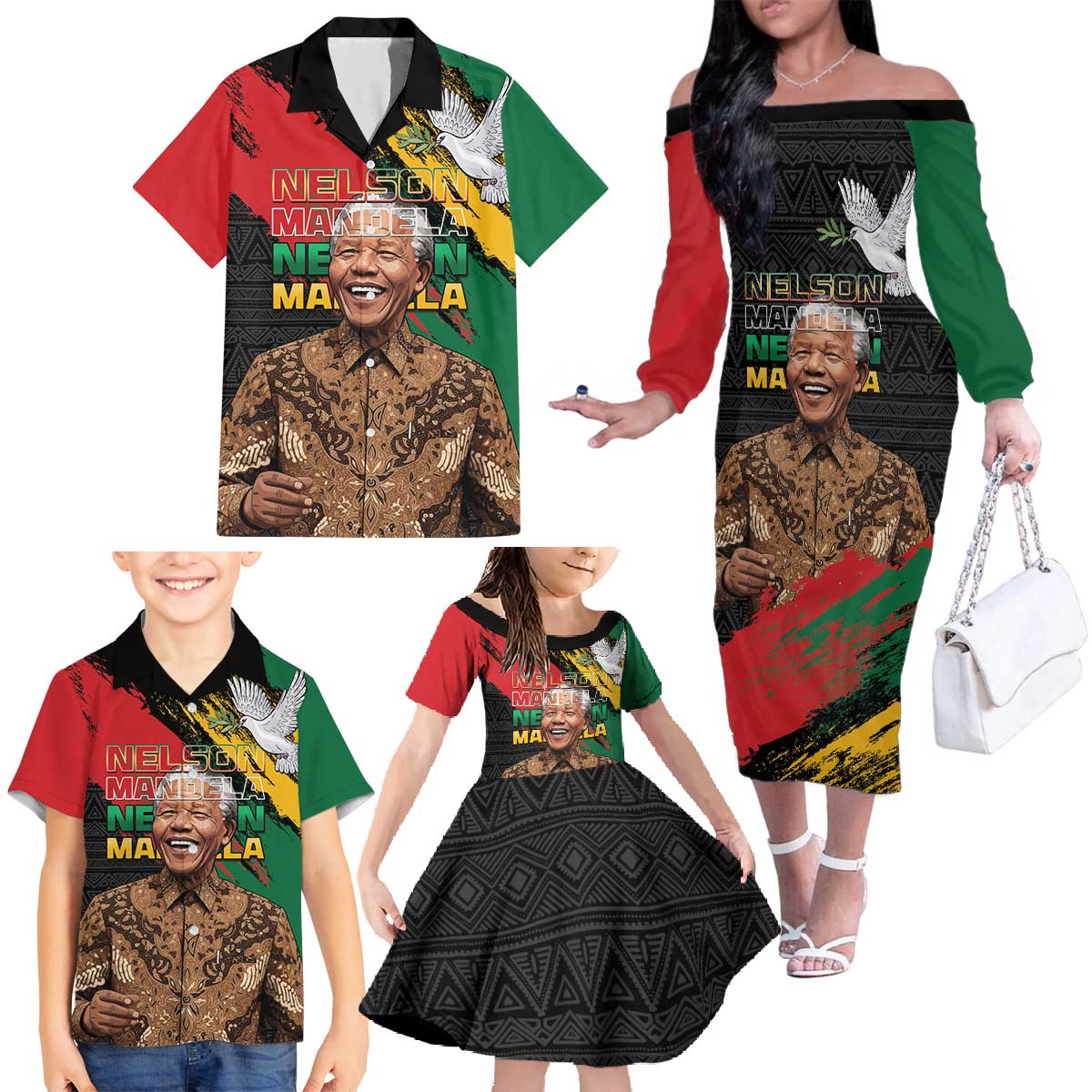 Nelson Mandela International Day Family Matching Off The Shoulder Long Sleeve Dress and Hawaiian Shirt African Pattern Grunge Style - Wonder Print Shop