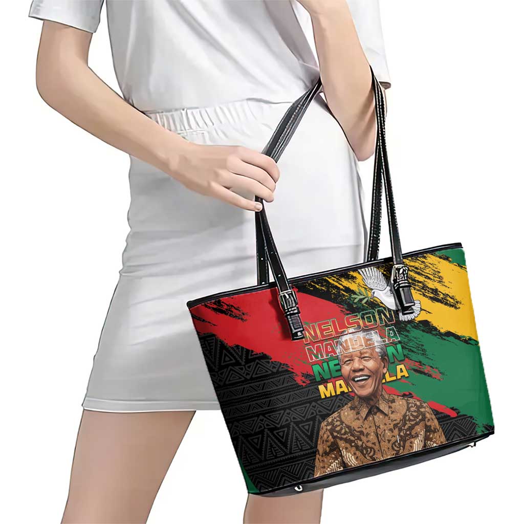 Nelson Mandela International Day Leather Tote Bag African Pattern Grunge Style - Wonder Print Shop