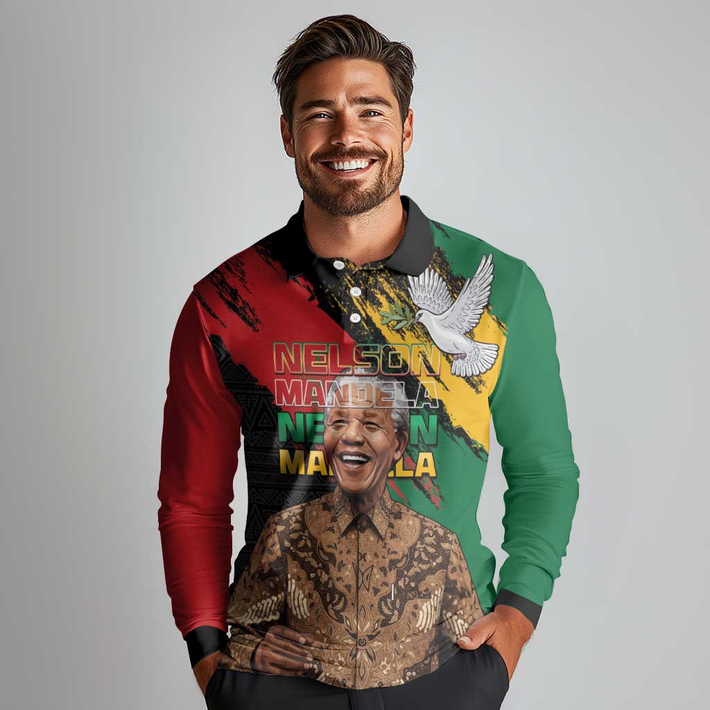 Nelson Mandela International Day Long Sleeve Polo Shirt African Pattern Grunge Style - Wonder Print Shop