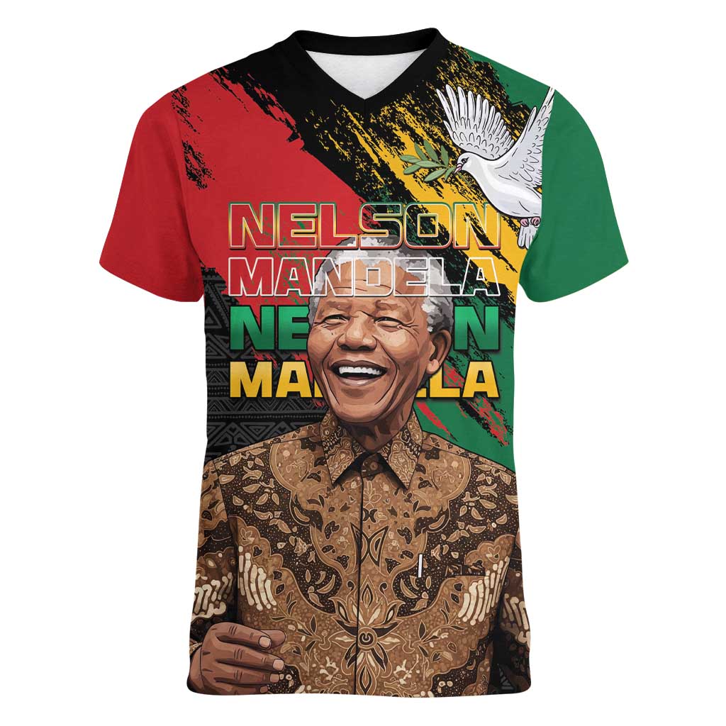 Nelson Mandela International Day Women V-Neck T-Shirt African Pattern Grunge Style - Wonder Print Shop